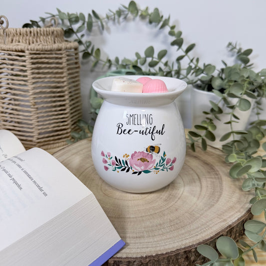 Quemador de Cera Bee-utiful - Diseño Abeja y Flores Cerámica Blanca