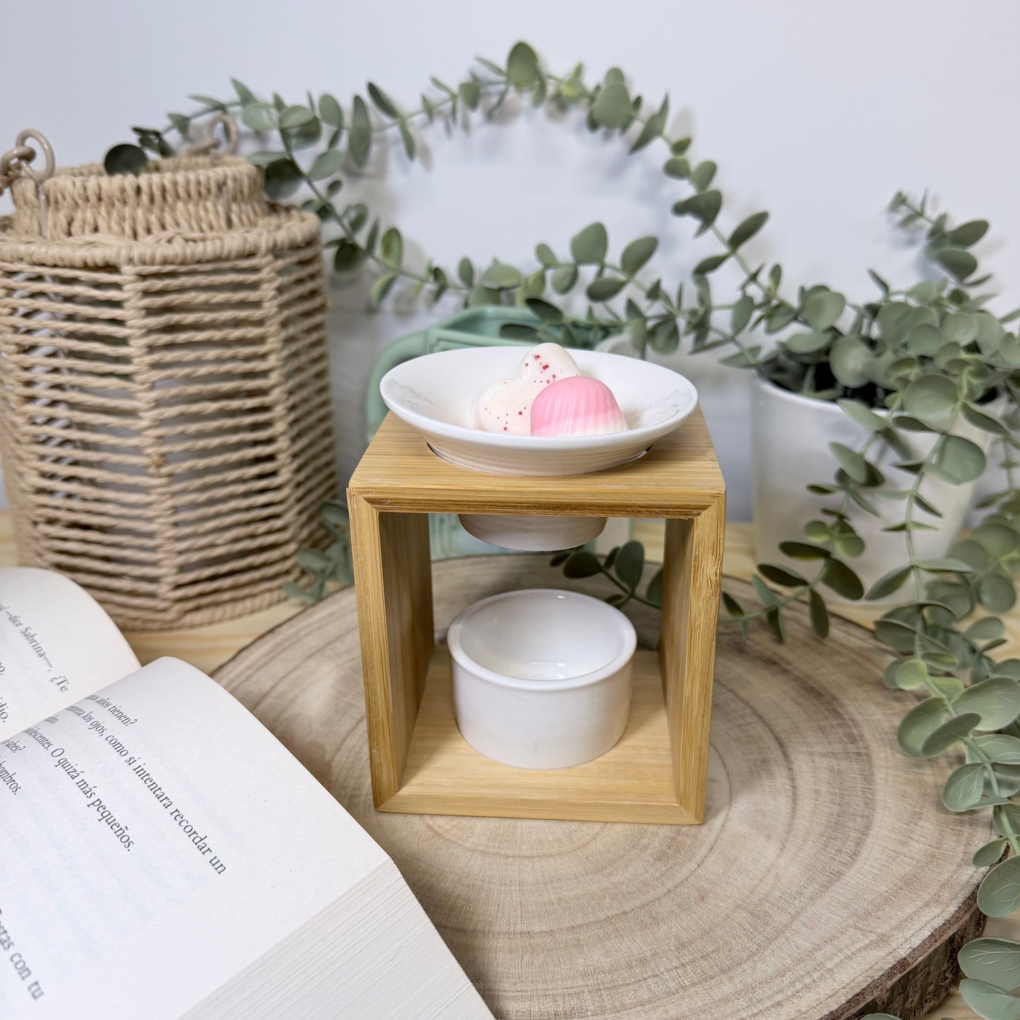 Quemador de Cera Pure Zen - Diseño Minimalista Madera y Cerámica Blanca