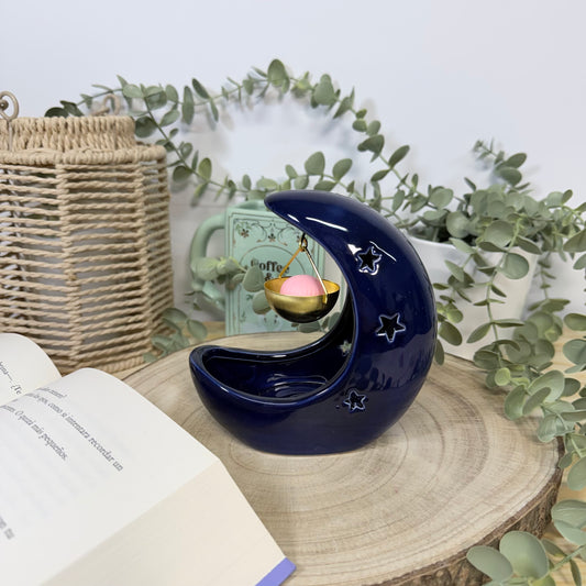Quemador de Cera Blue Moon - Diseño Luna Creciente Azul Marino Cerámica